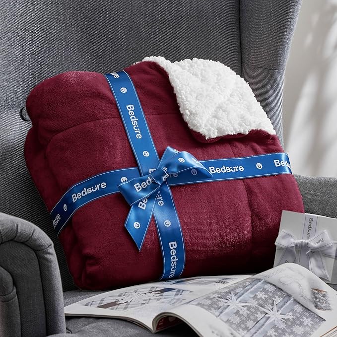 Bedsure Sherpa Fleece Throw Blanket for Couch - Thick and Warm, Soft Fuzzy Plush Throw Blanket for Winter, Winery Red, 50x60 Inches