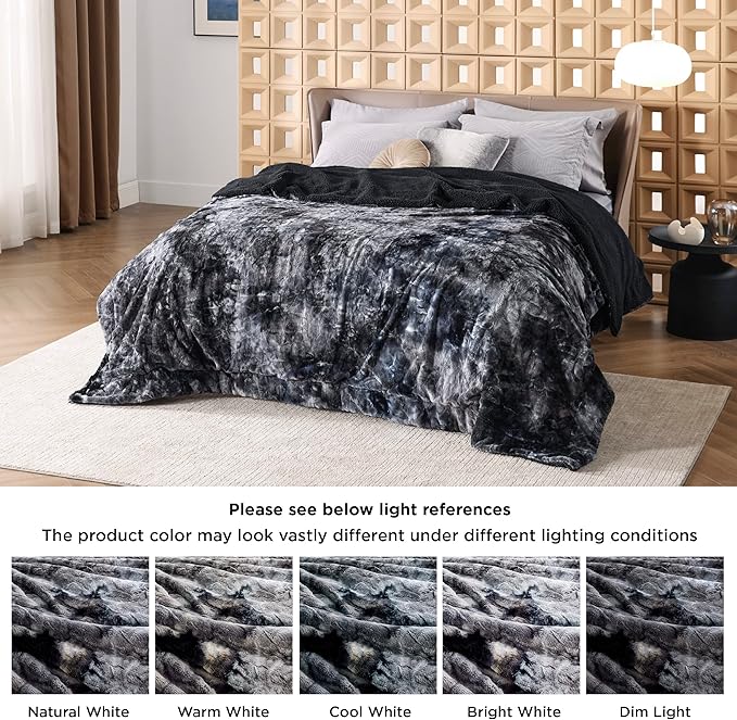 Bedsure Sherpa Blanket Queen Size - Soft, Fuzzy & Fluffy Faux Fur - Warm, Cozy Blanket for Couch, Sofa and Bed, Tie Dye Design, Black, 90x90 Inches