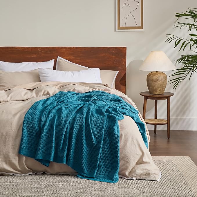 Bedsure 100% Cotton Blanket Twin XL Size for Bed - Breathable and Soft, Waffle Weave Blanket for Summer Spring, Teal, 66x90 inches