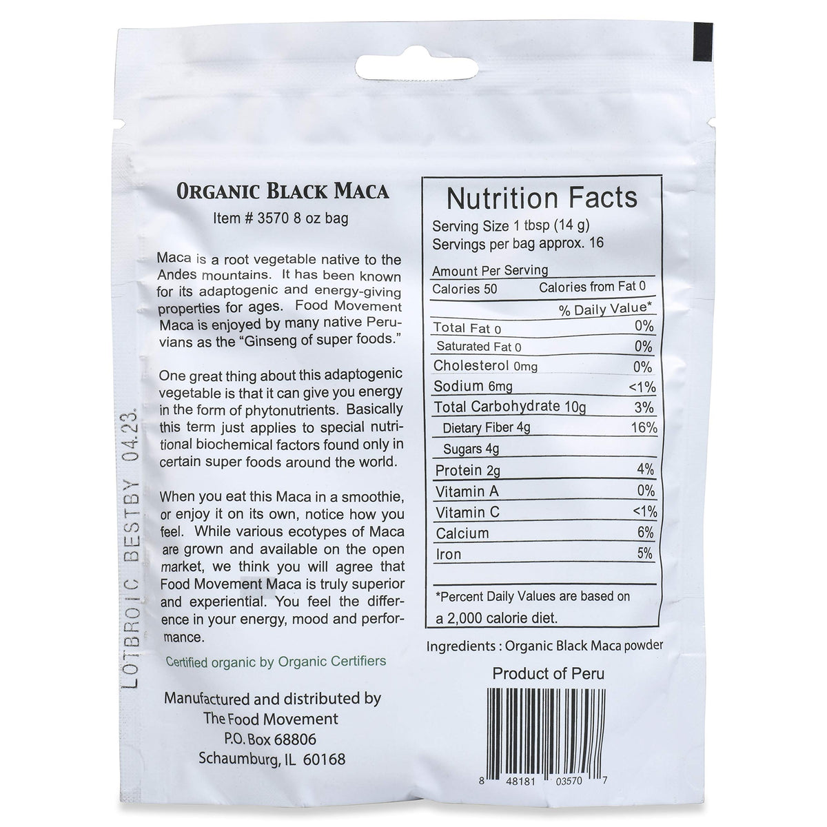 The Food Movement Co. Black Maca 8 oz Raw Food Powder - Organic, Non-GMO, Vegan, Gluten Free- Black Maca Root Supplement for Whole Body Wellness