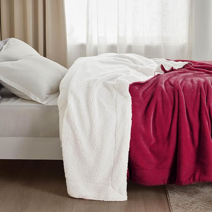 Bedsure Sherpa Fleece Blankets Queen Size for Bed - Thick and Warm, Soft Fuzzy Plush Queen Blanket for Winter, Red, 90x90 Inches