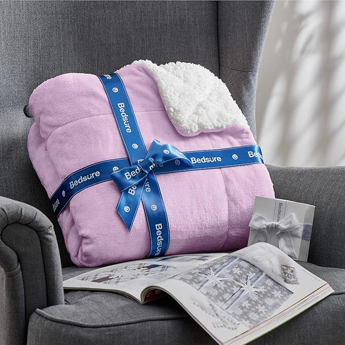 Bedsure Sherpa Fleece Blankets Queen Size for Bed - Thick and Warm, Soft Fuzzy Plush Queen Blanket for Winter, Lilac, 90x90 Inches