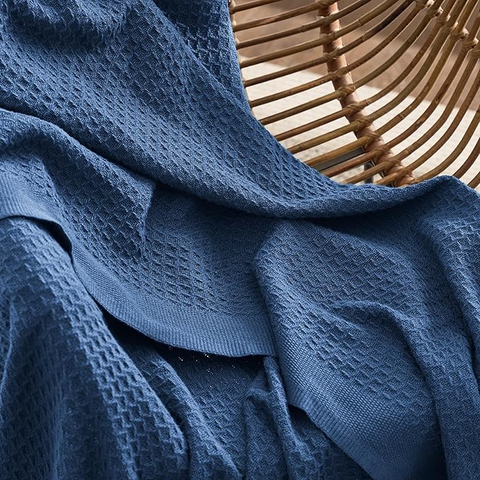 Bedsure 100% Cotton Large Blanket Oversized King for Bed - Breathable Waffle Weave Blanket for Summer Spring, Couch Cover, Navy, 120x94 inches