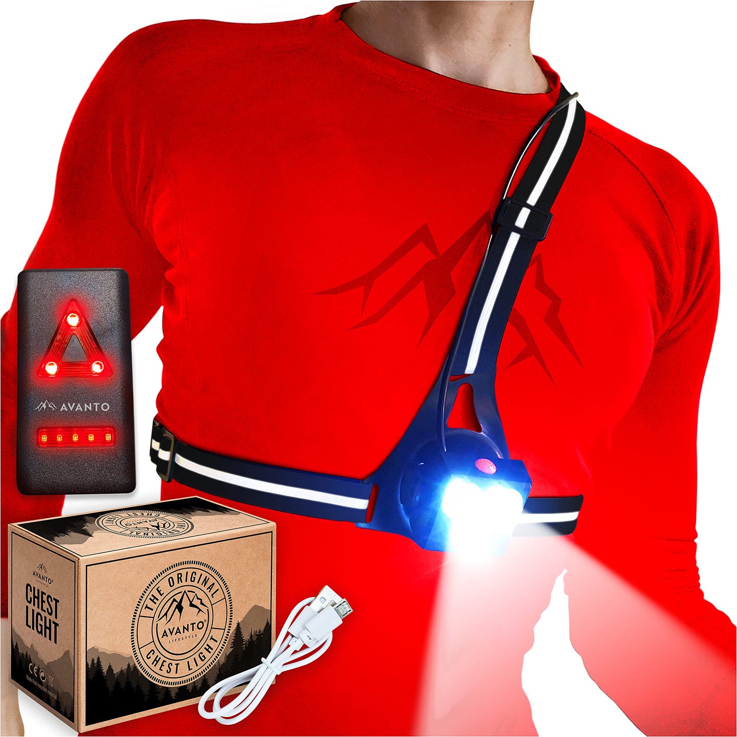 AVANTO Triple Beam Chest Lamp, Original, 500 Lumen LED Night Running Lights for Runners, Dog Walking Light, Long 5-7h Usetime, USB-C Rechargeable Battery, Running Headlamp, Reflective Vest, Black