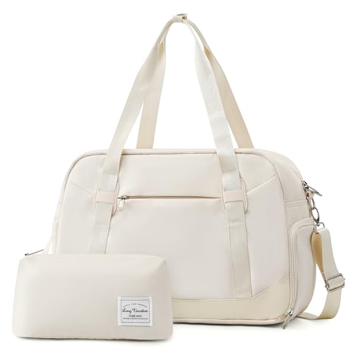 LONG VACATION Women's Travel Duffel Bag with Toiletry Bag, Sports Gym Bag Weekendeer Carry-on Tote with Shoe Compartment and Wet Pocket, Yoga Bag Fit 15.6inch Laptop (APRICOT WHITE, 18-inch)