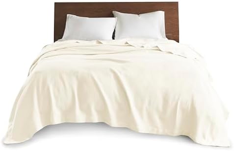 Madison Park Soft Certified 100% Egyptian Cotton Breathable Cozy Blanket, Premium Waffle Knit Classic Design, Luxury All Season Lightweight Cover for Bed, Couch and Sofa, Cream Full/Queen(90"x90")