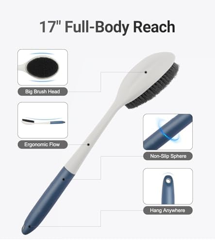 surlees Back Scrubber for Shower for Men & Women 17" | Body Brush for Wet & Dry Brushing | Exfoliating Body Scrubber & Back Brush | Shower Brush with Long Handle for Cellulite & Acne