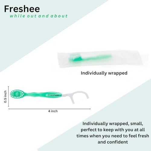 Freshee® 5 in 1 Disposable Mini Toothbrush with Toothpaste + Floss + Pick + Tongue Scraper | Travel Size | Individually Wrapped | Soft | Mint | Travel Set | Oral Care