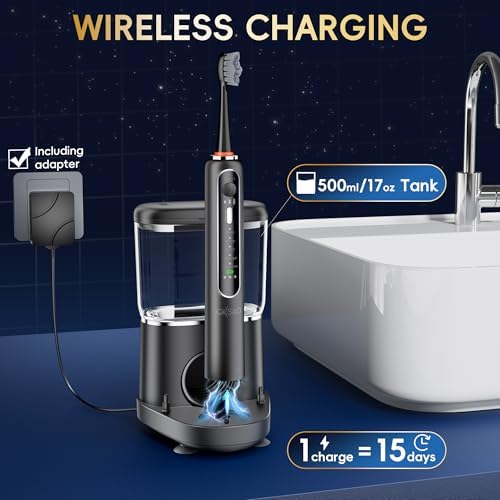 Electric Toothbrush with Water Flosser Combo in One, Professional Flossing Toothbrush for Teeth Cleaning and Flossing, Plaque Removal,Rechargeable with 5 Replacement Brush Heads