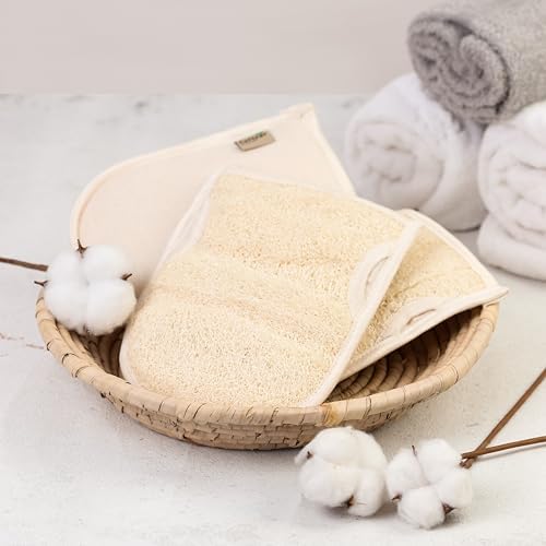 Premium Exfoliating Loofah Gloves – Natural Egyptian Loufa Sponge Body Scrubber Mitts for Soft, Radiant Skin – Left and Right Thumb Holes - Gentle Exfoliation & Deep Clean (1-Pack) (Count 2)