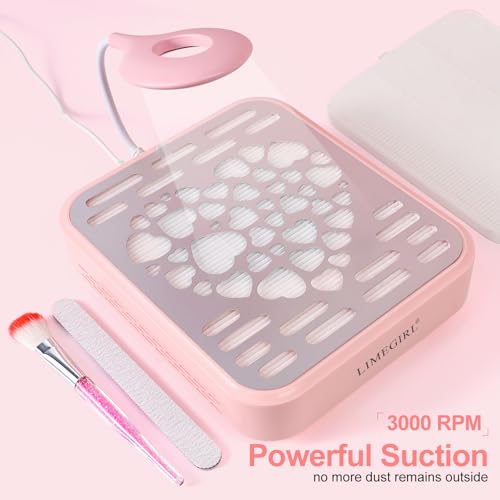 Limegirl Nail Dust Collector for Acrylic Nail, with 2*Reusable Nail Filter, Nail file and Cleaning Brush, Powerful Nail Dust Extractor with Upgraded Dust Collector Nail Tech for Nail Polishing (Pink)