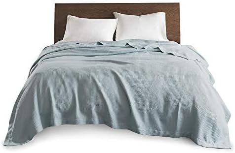 Madison Park Soft Certified 100% Egyptian Cotton Breathable Cozy Blanket, Waffle Knit Classic Design, Luxury All Season Lightweight Cover for Bed, Couch and Sofa, Light Blue Full/Queen(90"x90")