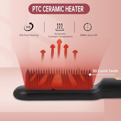 Negative Ionic Hair Straightener Brush with 9 Temp Settings, 30s Fast Heating Hair Straightening Comb with LED Display, Anti-Scald & Auto-Shut Off Hair Brush Straightener for Women (Black)