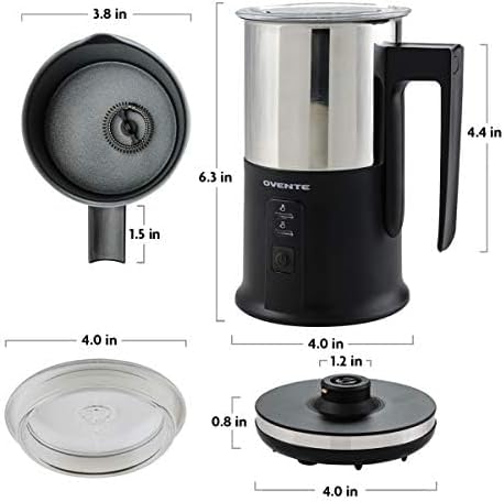 Ovente Electric Stainless Steel Milk Frother and Steamer, Portable Non Stick Milk Warmer Auto Shut-Off Function Hot and Cold Foam Perfect for Coffee Latte Cappuccino Hot Chocolate, Black FR1208B
