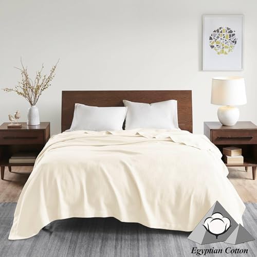 Madison Park Soft Certified 100% Egyptian Cotton Breathable Cozy Blanket, Premium Waffle Knit Classic Design, Luxury All Season Lightweight Cover for Bed, Couch and Sofa, Cream King(108"x90")
