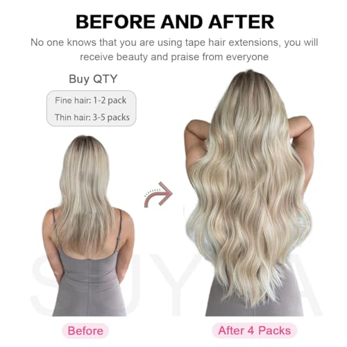 SUYYA Tape in Hair Extensions Natural Black 100% Remy Human 20 inches 20pcs 50g/pack Straight Seamless Skin Weft Hair(20 #1B Off Black)