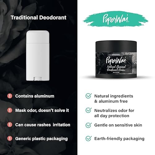 PiperWai Natural Deodorant w/Activated Charcoal | 24-Hour Sweat Protection, Vegan, Aluminum Free Deodorant for Women & Men | Travel Essential Shark Tank Product | 2 oz Scented Single Jar