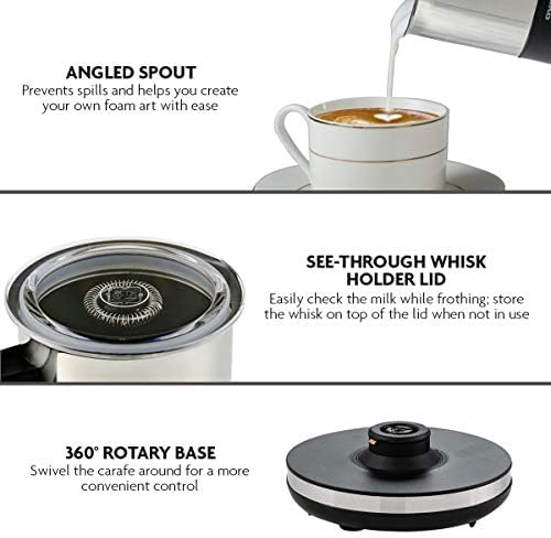 Ovente Electric Stainless Steel Milk Frother and Steamer, Portable Non Stick Milk Warmer Auto Shut-Off Function Hot and Cold Foam Perfect for Coffee Latte Cappuccino Hot Chocolate, Black FR1208B