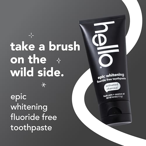 Hello Activated Charcoal Toothpaste, Fluoride Free with Activated Charcoal, Teeth Whitening Toothpaste with Fresh Mint and Coconut Oil, No SLS, Vegan, Gluten Free, 3 Pack, 4 OZ Tubes