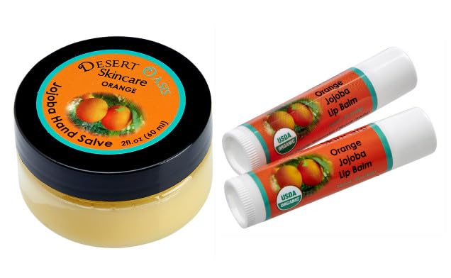 Orange Hand Salve with over 50% Jojoba Oil plus 2 Organic Orange Lip Balms with over 70% Jojoba Oil. 100% Natural. By Desert Oasis Skincare (1 fl oz/29 ml)