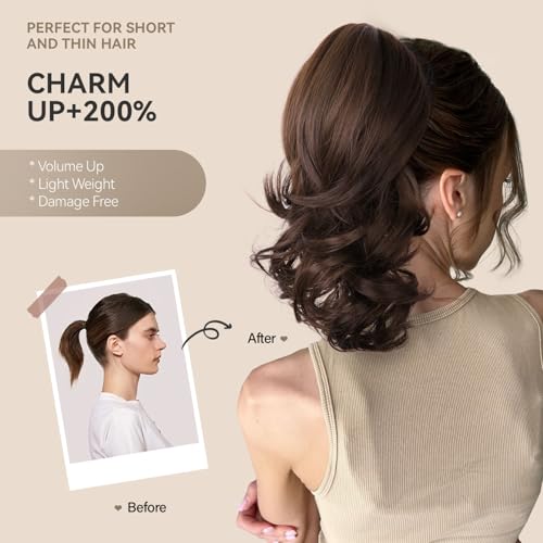 14 Inch Blonde Ponytail Extension - Wavy Pony Tails Hair Extensions, Claw Clip Ponytail Extension, Synthetic Hair Extensions Ponytail, Clip on Ponytails for Women (Dark Blonde With Beige Highlights)