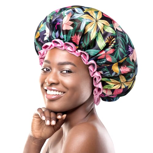 mikimini Rainforest Large Shower Caps Pack of 2, Shower Cap for Women Long Hair with Pink Lace, Reusable Waterproof Shower Hat for Girls