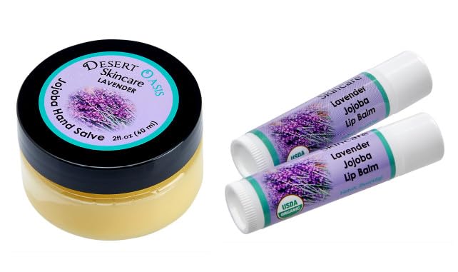 Lavender Hand Salve with over 50% Jojoba Oil plus 2 Organic Lavender Lip Balms with over 70% Jojoba Oil. 100% Natural. By Desert Oasis Skincare (1 fl oz/29 ml)