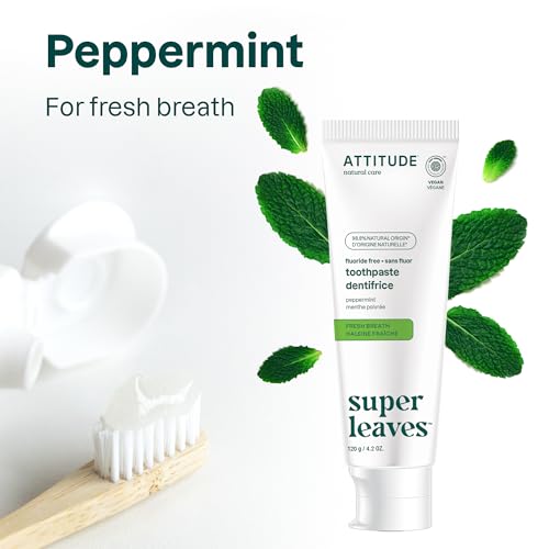 ATTITUDE Fluoride-Free Fresh Breath Toothpaste, Peppermint Flavor, Vegan & Cruelty-Free, Sugar-Free, Plant & Mineral-Based Ingredients, Clean Oral Care, 4.2 Oz