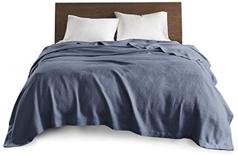 Madison Park Soft Certified 100% Egyptian Cotton Breathable Cozy Blanket, Premium Waffle Knit Classic Design, Luxury All Season Lightweight Cover for Bed, Couch and Sofa, Blue Full/Queen(90"x90")