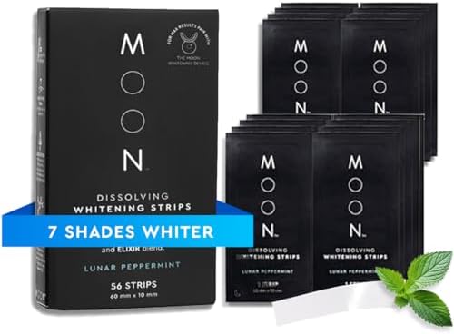 MOON Dissolving Teeth Whitening Strips - Vegan, Easy-to-Use, No Rinse White Strips - Hydrogen Peroxide and Essential Oils Infused Gentle Teeth Whitening Kit - Travel Essentials for Oral Care (56 Ct)