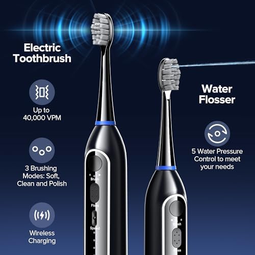 Water Flosser with Electric Toothbrush – 3 Sonic Toothbrush Modes & 5 Water Flossing Pressure – Wireless Charging & IPX7 Waterproof – Portable Travel Case Included(Black)
