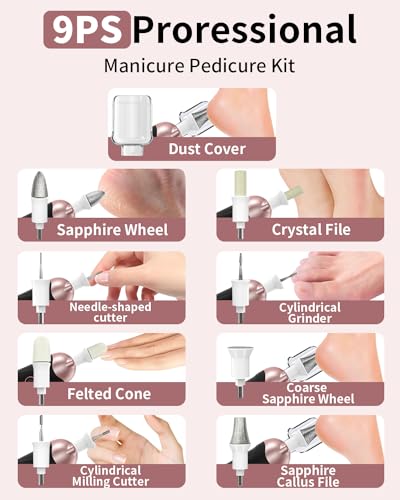 Cordless Electric Nail File Set, Professional Manicure Pedicure Kit with Memory Modes, 10 Speed Portable Nail Drill Machine, Pedicure Tools for feet, Hand Foot Care Tool for Thick Nail Toenail Cuticle