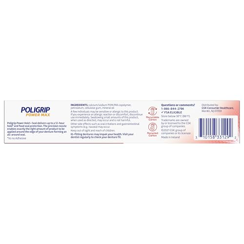 Poligrip Power Max Power Hold plus Seal Denture Adhesive Cream, Denture Cream for Secure Hold and Food Seal, Flavor Free - 2.2 oz (Pack of 4)