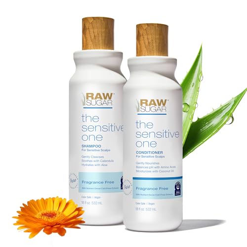 Raw Sugar Shampoo and Conditioner Set, The Sensitive One Hair Care Duo, 18 Fl Oz Each, Gently Cleanses, Soothes & Hydrates with Calendula & Aloe, No Fragrance, Sulfates & Parabens, Vegan