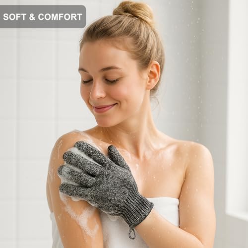 Exfoliating Gloves with Hanging Loop - 1 Pair Bamboo Charcoal Bath/Shower Gloves, Bath Gloves for Shower Exfoliating and Ingrown Hair/Dead Skin Remover - Bamboo Charcoal - Exfoliator Mitt Scrub Gloves