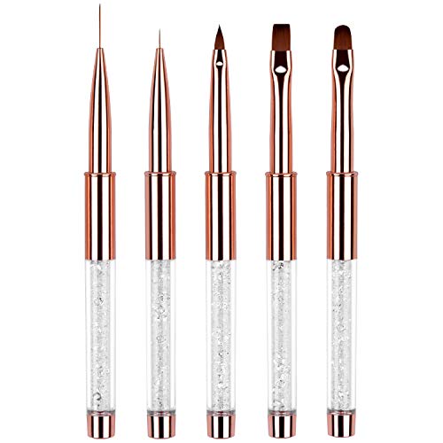 5pc Nail Art Brush Set - Rose Gold Rhinestone Handles with Gel Polish, Liner, Drawing Brushes for Salon & DIY Manicure
