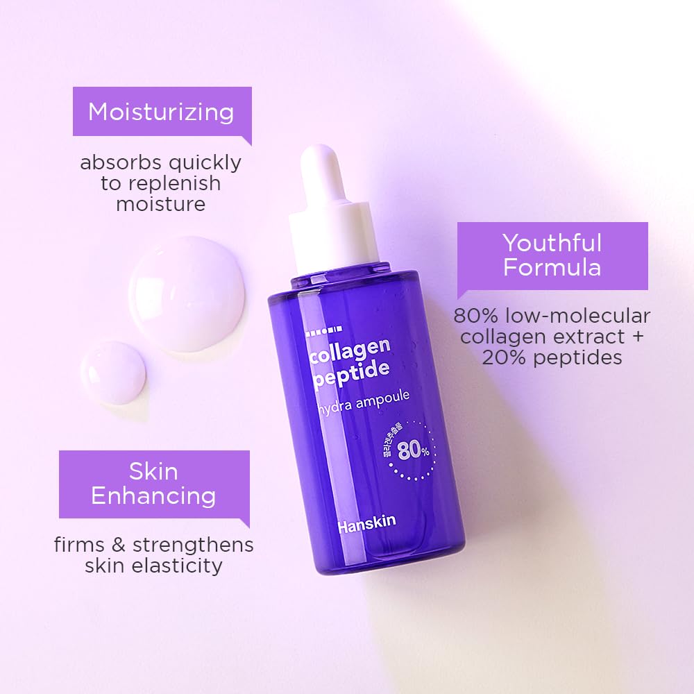 Hanskin Collagen Peptide Hydra Ampoule (90ml). Made with 80% Collagen Extract and 20% Peptide. Advanced Anti-Aging Formula to Repair Skin from Wrinkles and Fine Lines on Face and Neck Area.