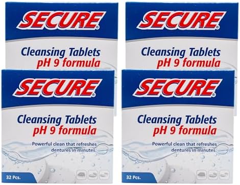 Secure Daily Cleansing Tablets - pH 9 Formula Thoroughly Cleans Dentures - FSA & HSA Approved - Fights Odors, Stains & Germs - For Dentures, Nightguards, Retainers & Partials - 32 Tablets (4 Pack)