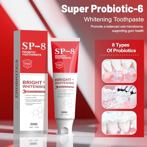 SP- 8 Probiotic Whitening Toothpaste for Teeth Whitening/Brightening & Fresh Breath, 8 Probiotics Formula for Gum Health, Fluoride-Free, Minty Fresh Flavor,4.23oz (2 Tubes)