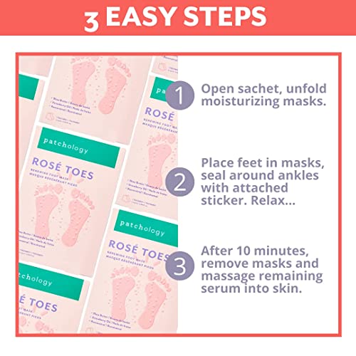 Patchology Rosé Toes Moisturizing Foot Mask – Shea Butter & Strawberry Scented Booties for Dry, Cracked Feet, Disposable Spa Socks with Resveratrol for Soothing Foot Care, Self-Care Essentials