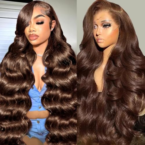 GOLFMAX 30 Inch Chocolate Brown Lace Front Wig Human Hair Body Wave 13x6 HD Lace Front Wigs Pre Plucked 200 Density Colored Brown Wig Human Hair Wigs For Women
