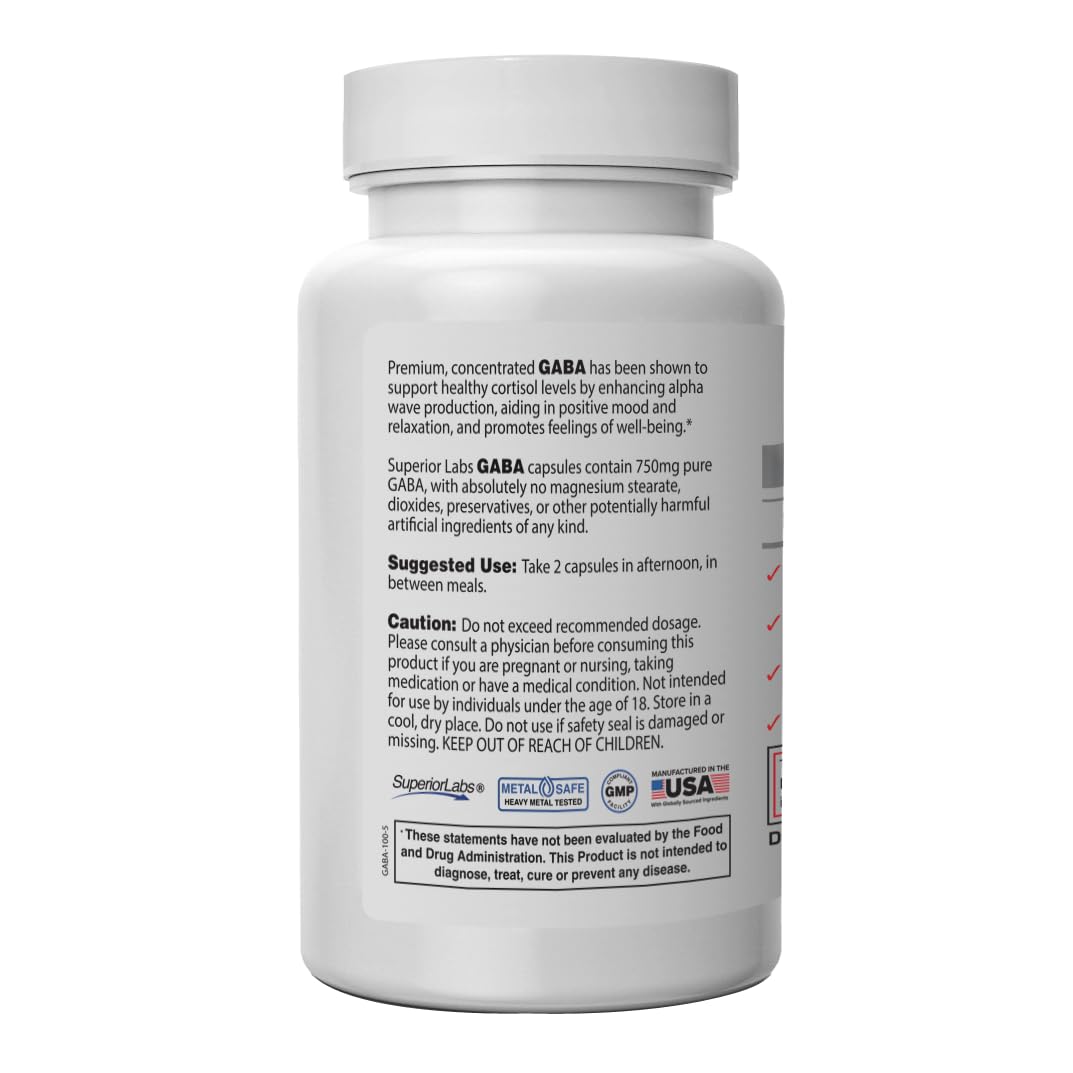 Superior Labs | GABA Supplement 750mg | Maximum Strength Mood Enhancement | Natural Relief of Simple Nervous Tension, Promotes Mood Balance, Sleep Quality, and Natural Brain Function*