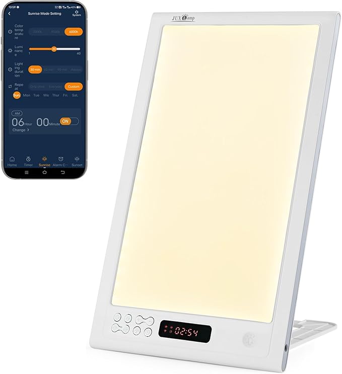 Light Therapy lamp 12000 lux Bright Light Alarm Clock to Wake up Happy Sun Sunrise Light Dawn Simulator with Vibration Detection and Snooze Function APP Control