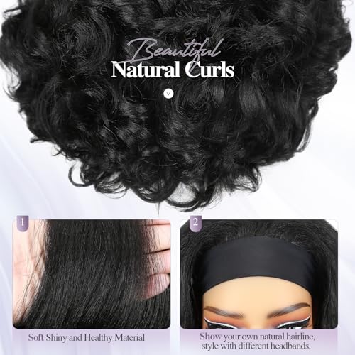 Quantum Love Yaki Curly Headband Wigs for Black Women - Kinky Straight Black Headband Curly Ends Synthetic Wear and Go Glueless Half Wig with Headbands Attached