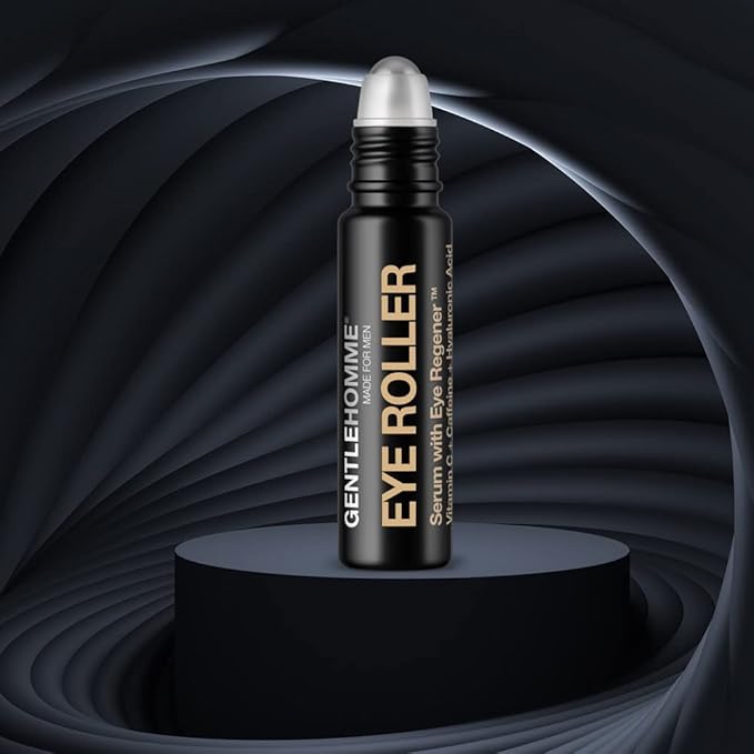 Hyaluronic Acid & Caffeine Eye Roller Serum for Men with Vitamin C – Made in USA – Depuffing Eye Roller Ball for Dark Circles & Puffiness – Mens Day & Night Anti-Aging Under Eye Serum Roller – 10ml