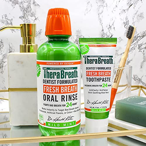 TheraBreath Fresh Breath Dentist Formulated 12-Hour Toothpaste, Mild Mint, 4 Ounce (Pack of 2), Packaging may vary