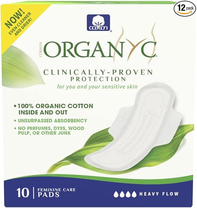 Organyc - 100% Certified Organic Cotton Feminine Pads, Sanitary Napkin 120 Count, Heavy Flow(Bulk Size, 12 Pack)
