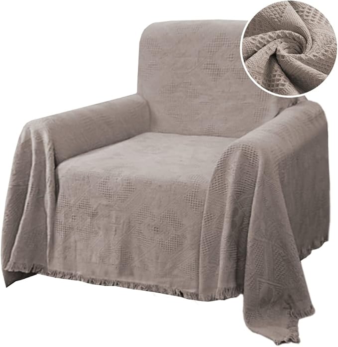 H.VERSAILTEX Cotton Sofa Covers Couch Cover Sofa Slipcover for Most Shape Sofas, Feature Thick Woven Jacquard Seamless with Tassels, Multi-Use Decorative for Couch (Medium: 71" x 91", Sand)