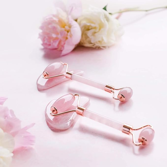 Jade Roller For Face - Authentic Rose Quartz Facial Rollers for Women, Pink Jade Roller and Gua Sha Set Face Roller Skin Care Reduce Wrinkles, Anti-Aging, Dark Circles + Eye Puffiness Valentines Gifts