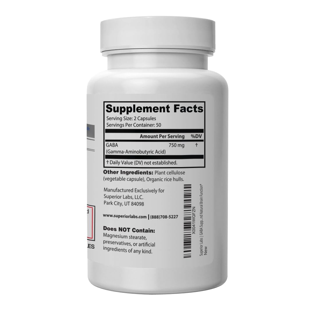 Superior Labs | GABA Supplement 750mg | Maximum Strength Mood Enhancement | Natural Relief of Simple Nervous Tension, Promotes Mood Balance, Sleep Quality, and Natural Brain Function*